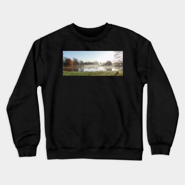 Lake, autumn mood, ground fog, hoarfrost, trees, landscape, Fischerhude, Lower Saxony, Germany Crewneck Sweatshirt by Kruegerfoto